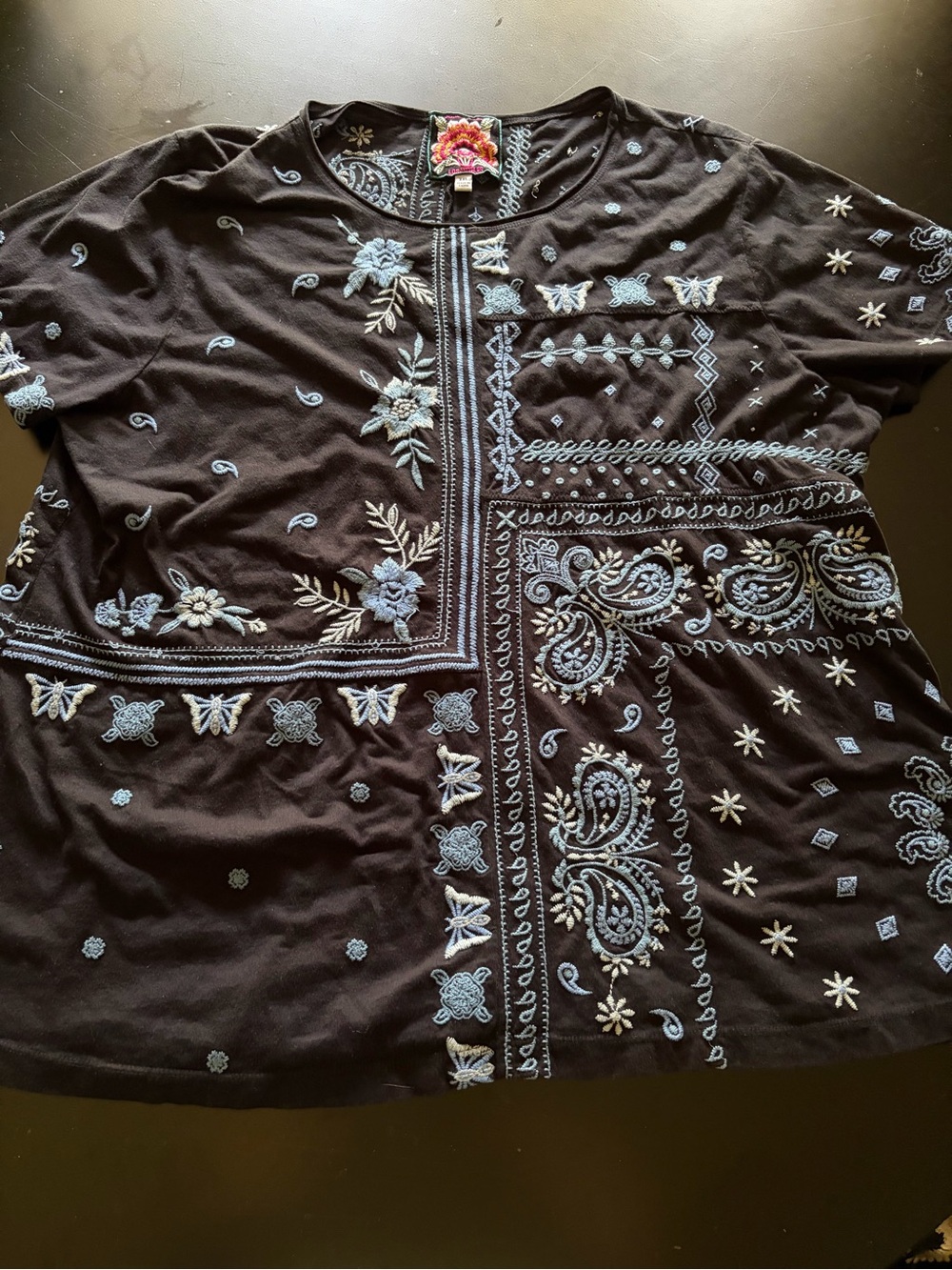 Johnny Was Black Short-Sleeve Top with Light Blue Embroidery